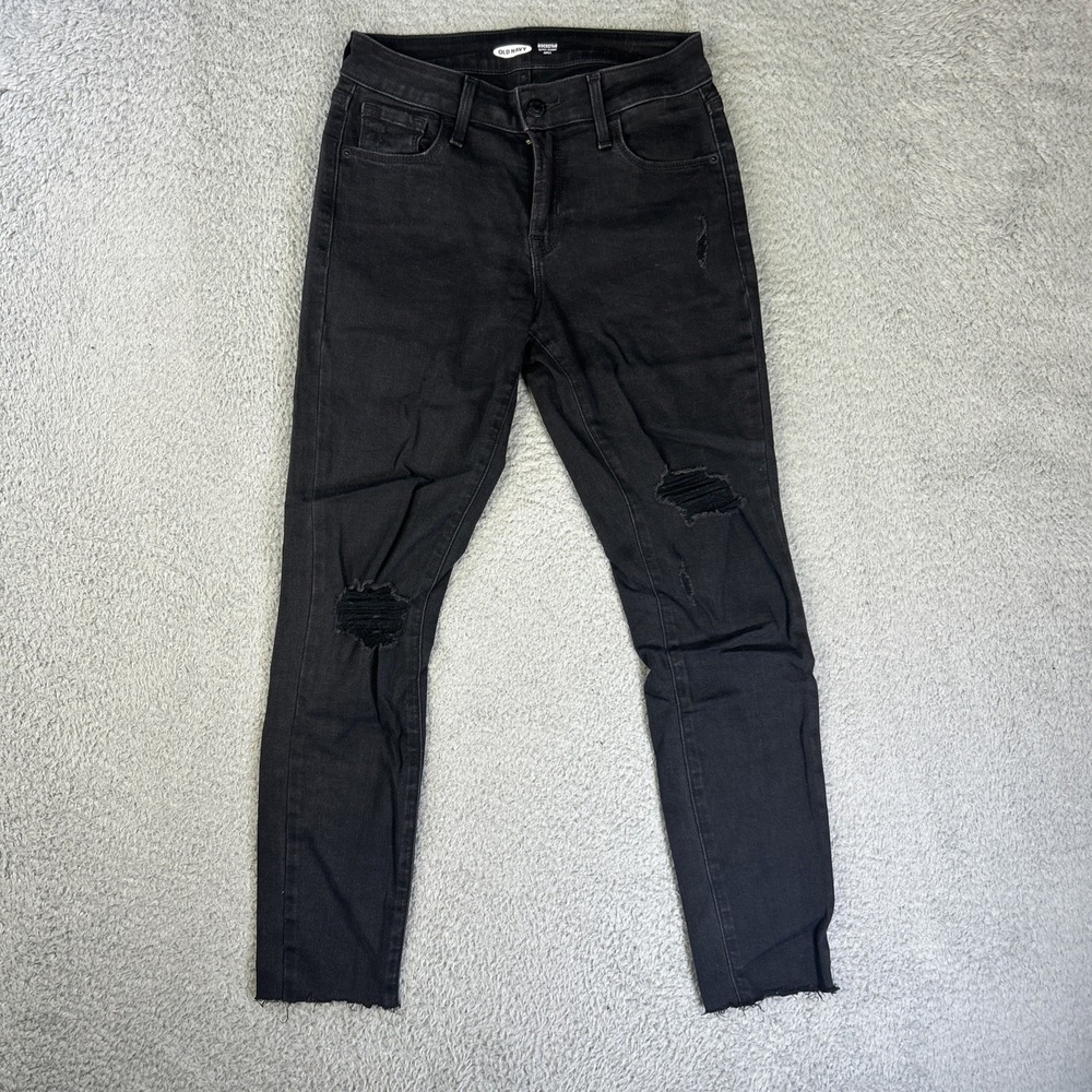 Old Navy‎ Rockstar Jeans Womens 0 Black Denim Pants Super Skinny Ripped Raw Hem